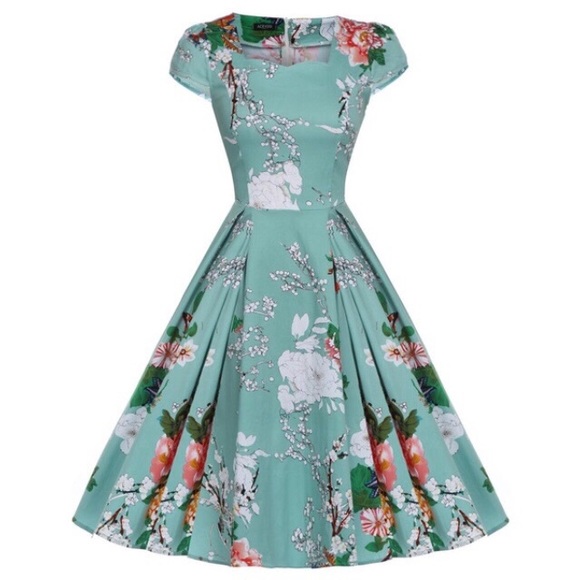 Green Floral Retro Style A-Line Cocktail Dress - Picture 8 of 8